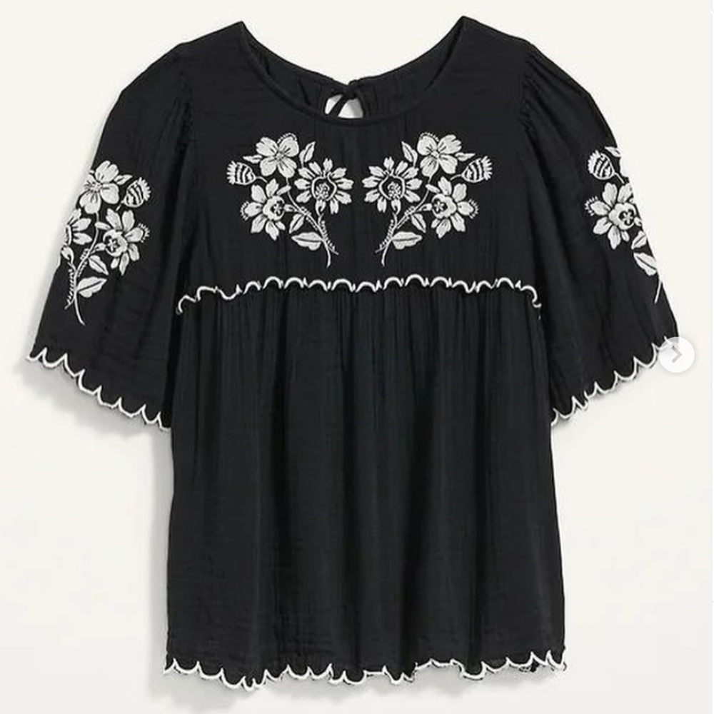 Old Navy Black Embroidered Peasant Blouse with White Floral Accents